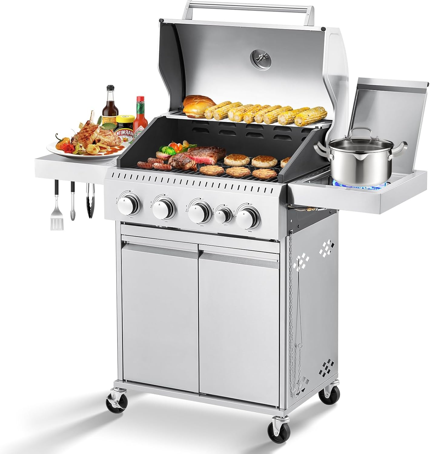 Upgraded 4 Burner BBQ Propane Gas Grill with Cast Iron Grates & Side Stove, 44,000 BTU Stainless Steel Burner Barbecue Grill for Patio, Camping, Outdoor Cooking MELLCOM