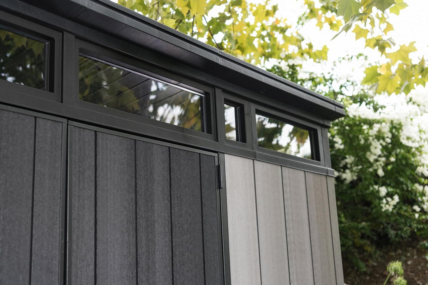 Keter Artisan 11x7 Modern Resin Outdoor Storage Shed Kit-Perfect to Store Patio Furniture, Garden Tools Bike Accessories, Beach Chairs and Lawn Mower, Grey & Black