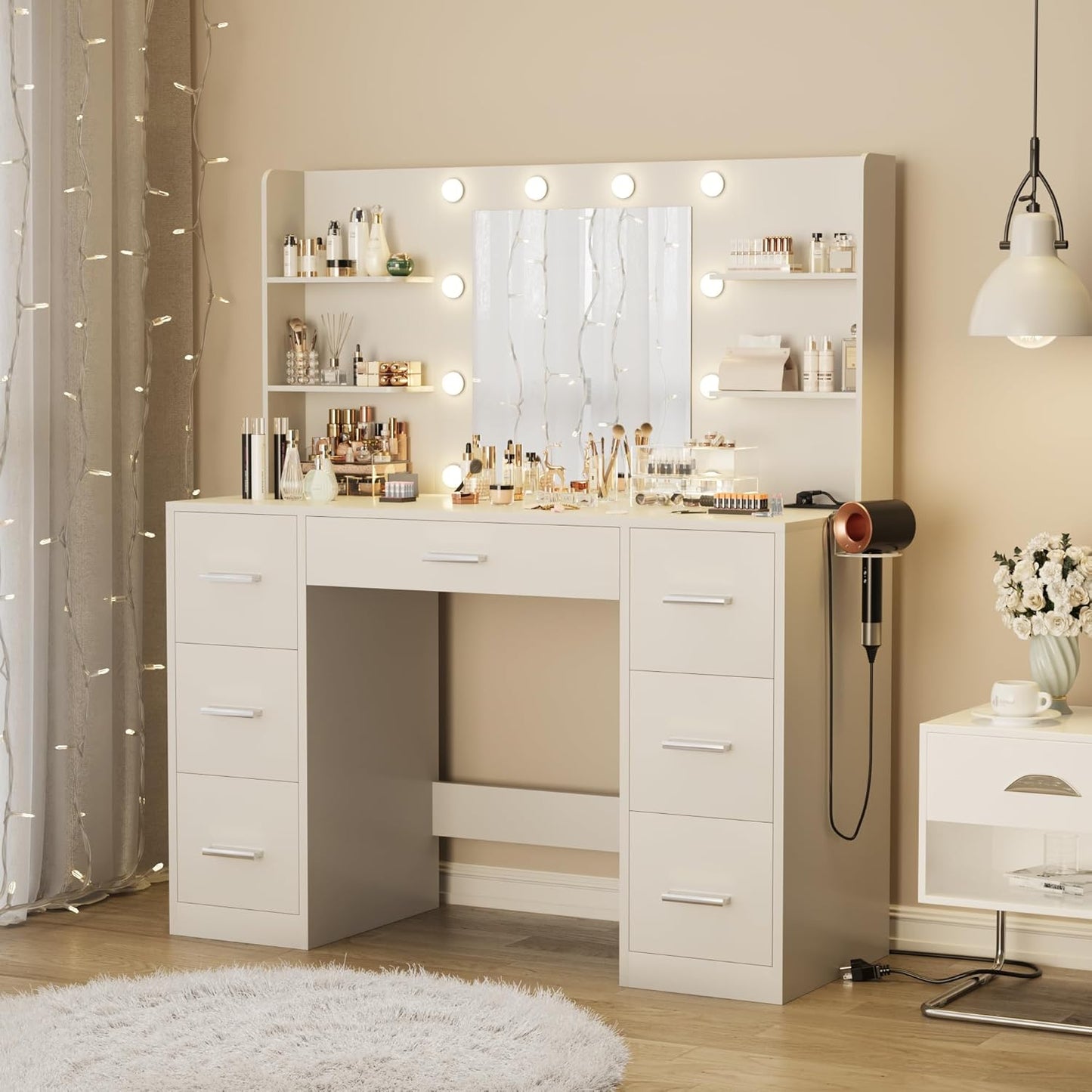 Vanity Desk with Mirror LED Lights and Power Outlet Makeup with 7 Drawers