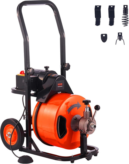 Drain Cleaner Machine 100FT x 1/2Inch, Auto Feed Sewer Snake Auger with 4 Cutter & Air-activated Foot Switch for 1" to 4" Pipes, Orange, Black