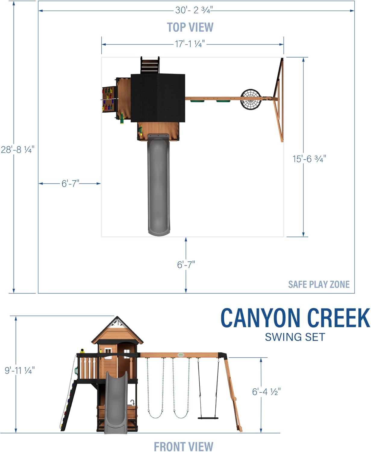 Canyon Creek Cedar Wood Swing Set with Wave Slide, Clubhouse, Play Kitchen, Picnic Area, Belt Swings, Web Swing, Rock Wall, Balconies, Playhouse, Step Ladder, Outdoor Playset