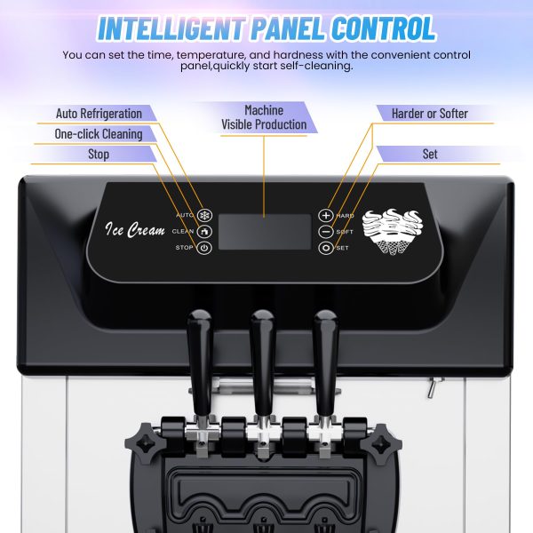 2200W Commercial Ice Cream Machine, 3 Flavor Soft Serve Ice Cream Machine, 5.3-7.4 Gal/Hr, with LCD Touch Screen, Automatic Cleaning, High Productivity for Home Snack Bar & Restaurants