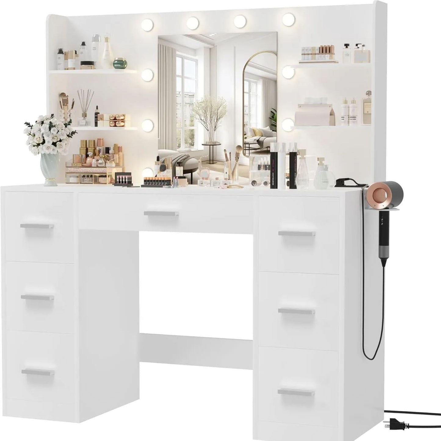 Vanity Desk with Mirror LED Lights and Power Outlet Makeup with 7 Drawers