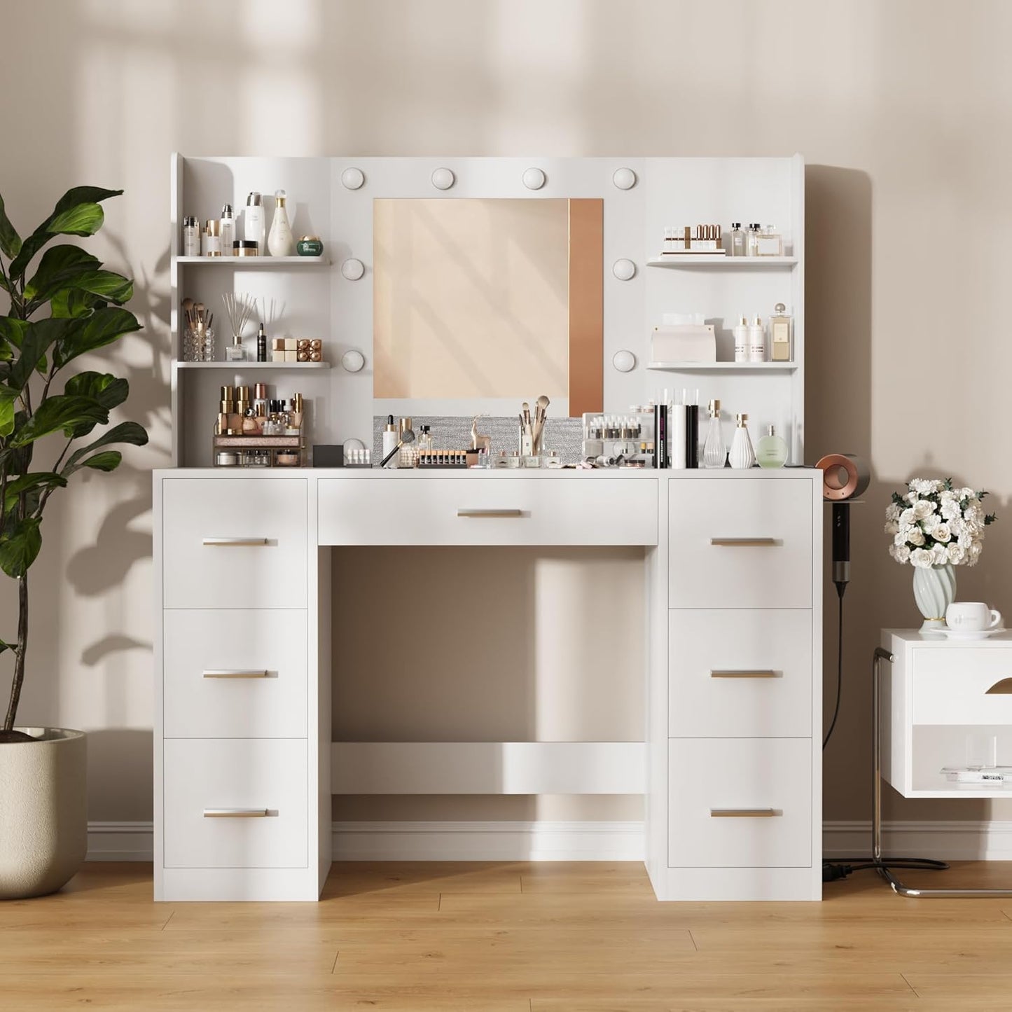 Vanity Desk with Mirror LED Lights and Power Outlet Makeup with 7 Drawers