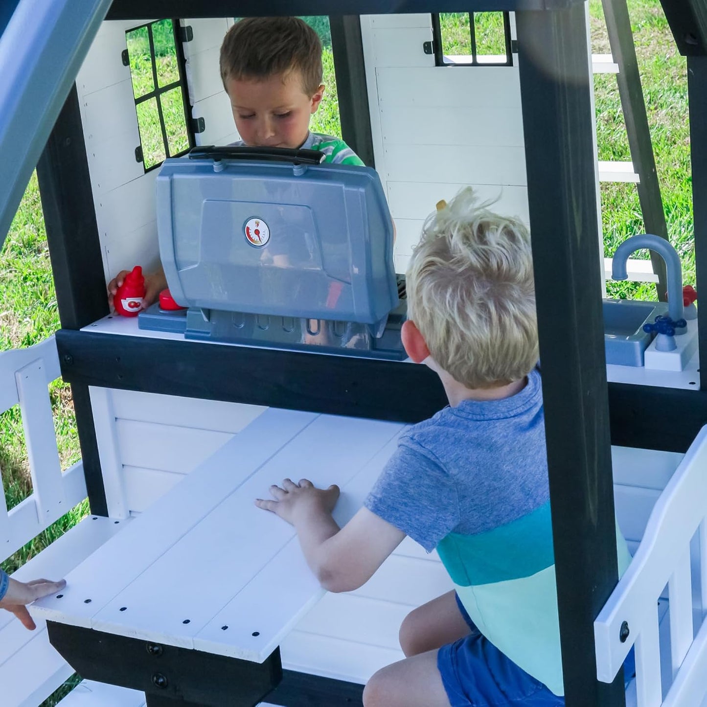 Backyard Discovery Canyon Creek Cedar Wood Swing Set with Wave Slide, Clubhouse, Play Kitchen, Picnic Area, Belt Swings, Web Swing, Rock Wall, Balconies, Playhouse, Step Ladder, Outdoor Playset