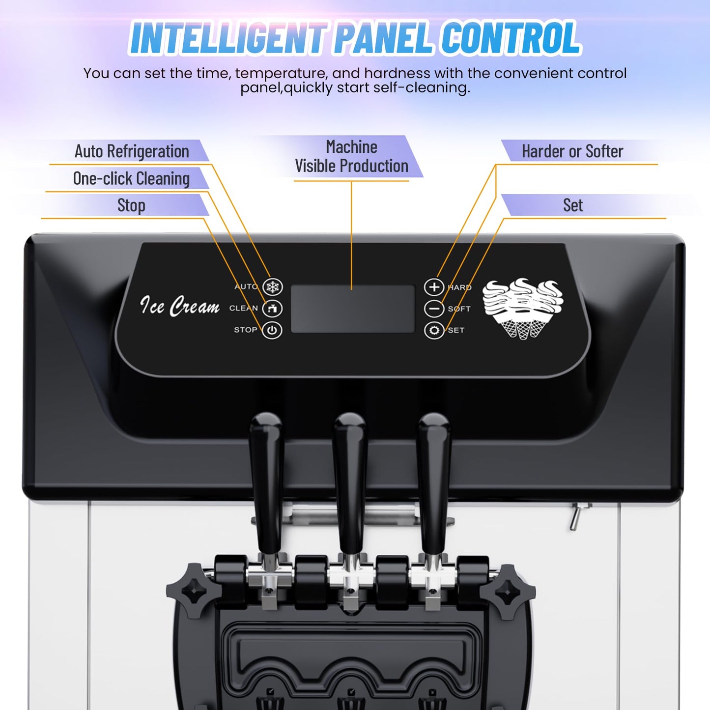 2200W Commercial Ice Cream Machine, 3 Flavor Soft Serve Ice Cream Machine, 5.3-7.4 Gal/Hr, with LCD Touch Screen, Automatic Cleaning, High Productivity for Home Snack Bar & Restaurants