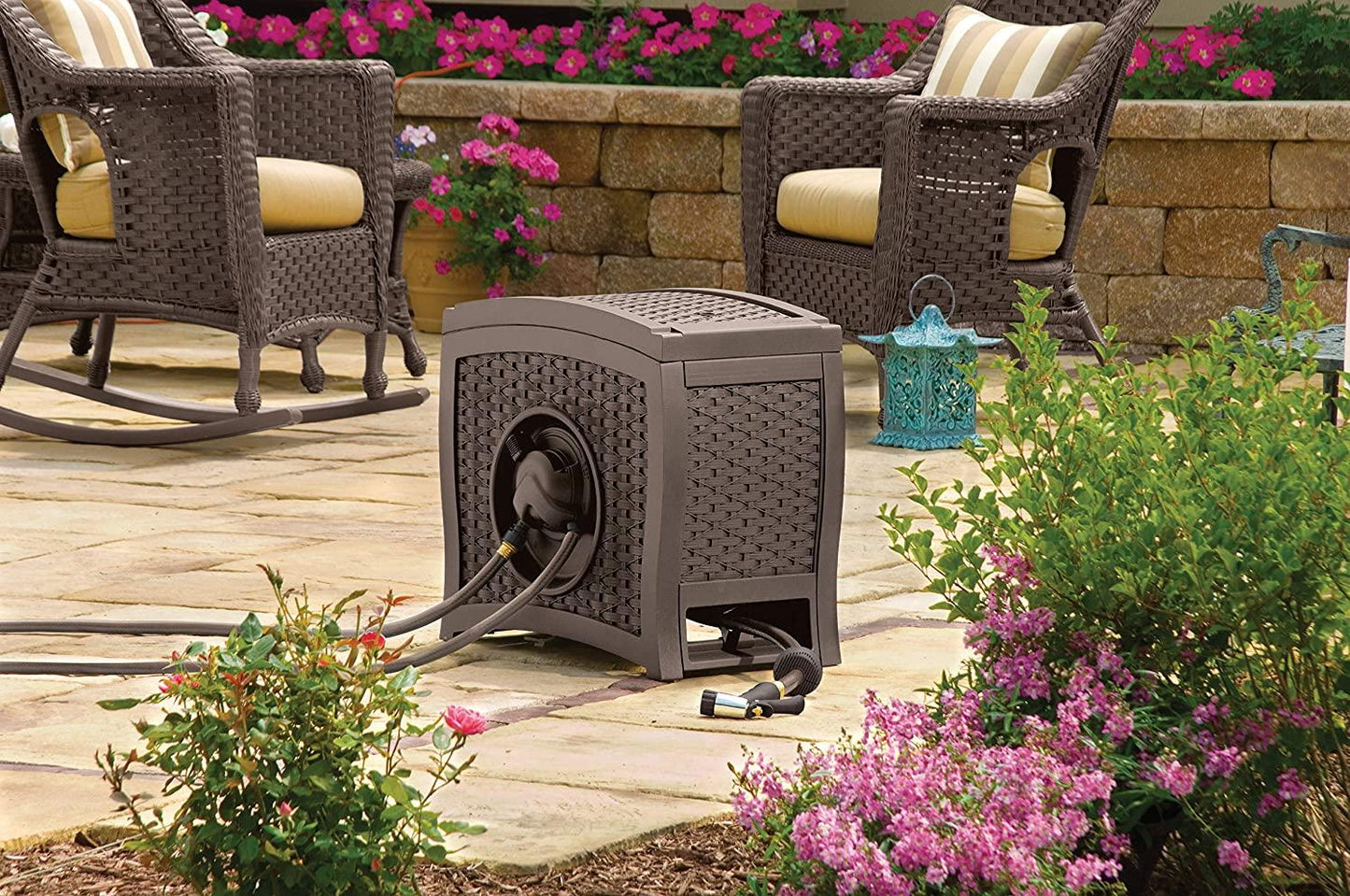 Suncast Aquawinder 125 Wicker Garden Hose Reel Lightweight Portable Hands Free Water Powered Retractable Hose Reel Java