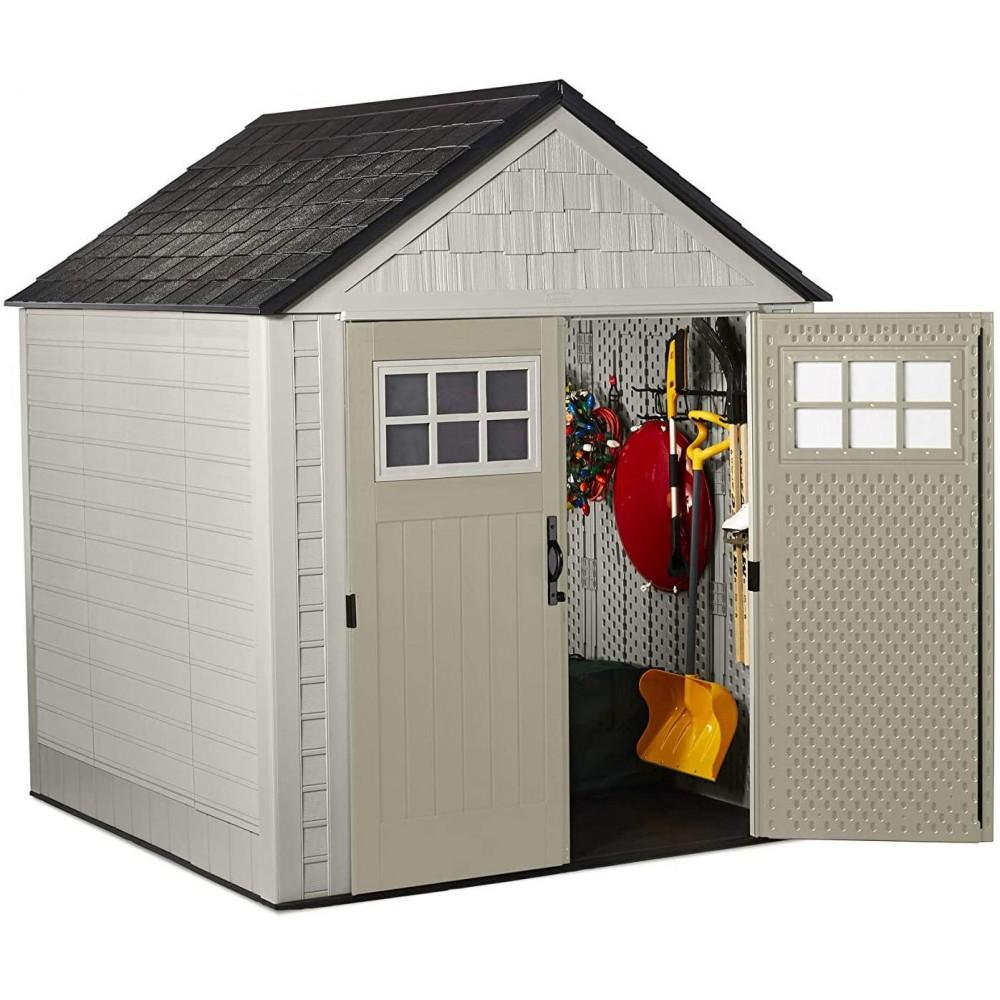 7×7 Ft Durable Weather Resistant Resin Outdoor Garden Storage Shed with Windows and Utility Hooks, Sand