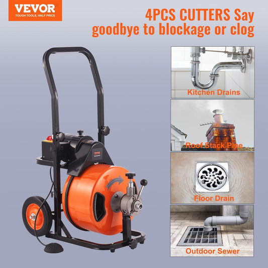 Drain Cleaner Machine 100FT x 1/2Inch, Auto Feed Sewer Snake Auger with 4 Cutter & Air-activated Foot Switch for 1" to 4" Pipes, Orange, Black