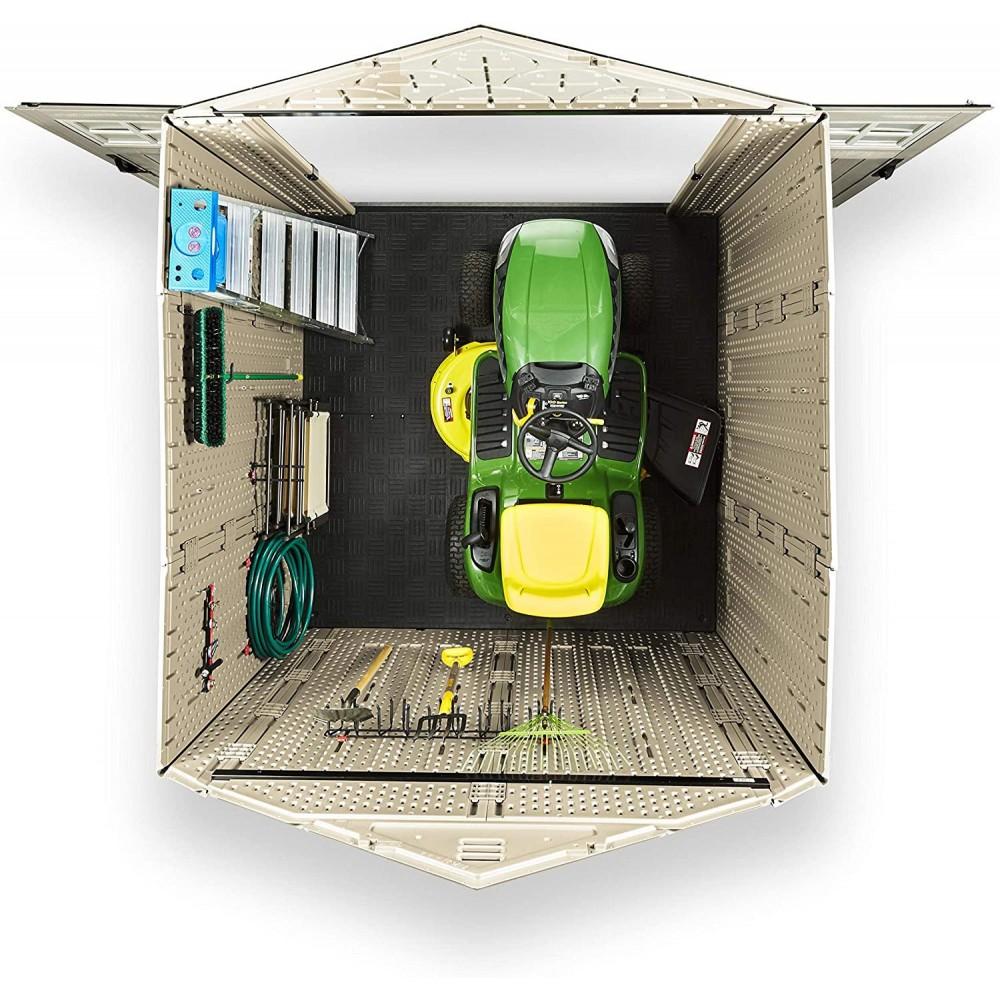 7×7 Ft Durable Weather Resistant Resin Outdoor Garden Storage Shed with Windows and Utility Hooks, Sand