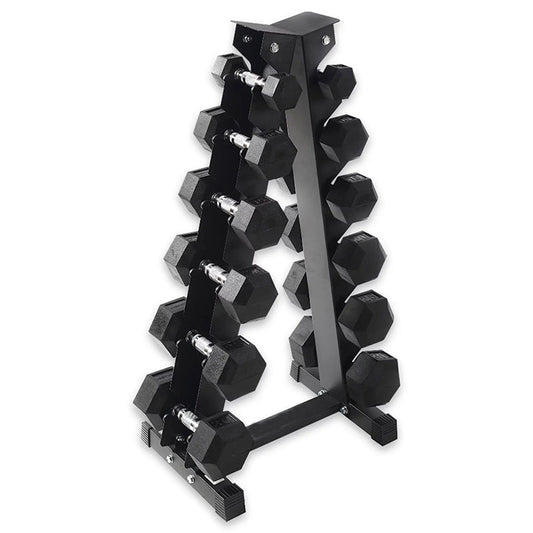 Fitness Heavy-Duty Rubber Dumbbell Weight Set with Rack, 210 lbs (5-30 lbs)
