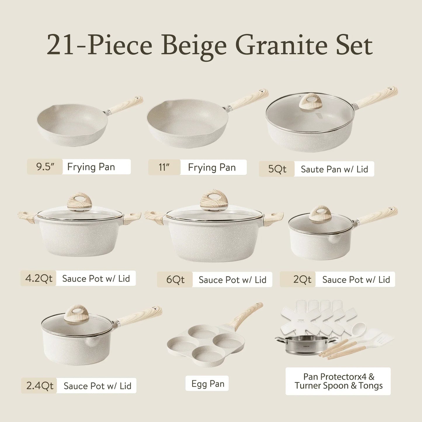 Non Stick Pots and Pans Set, 21 Pcs Induction Kitchen Cookware Sets (Beige Granite)