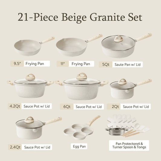 Non Stick Pots and Pans Set, 21 Pcs Induction Kitchen Cookware Sets (Beige Granite)