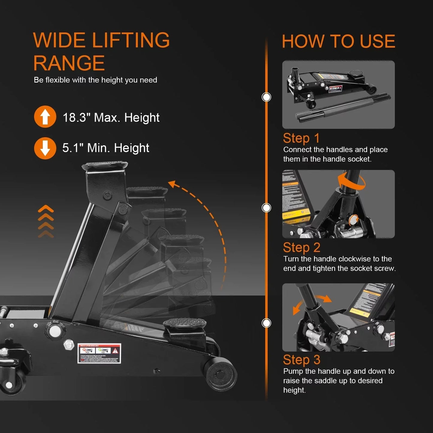 3 Ton Floor Jack Hydraulic Heavy Duty Steel Car Jack with Quick Lift Dual Pump,Black,W8303-B